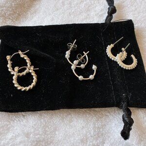 Silver Plated 3-Pairs Hoop Pearl Earrings